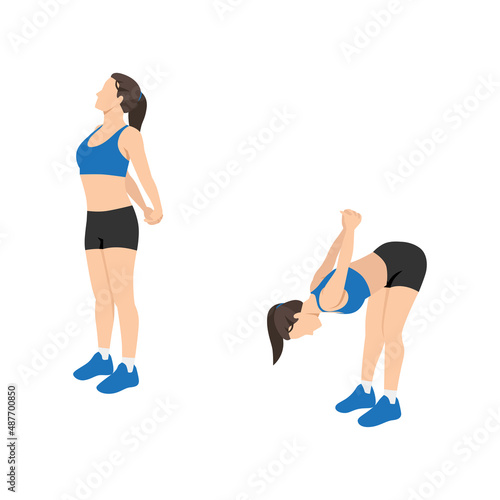 Woman doing Biceps stretch exercise. Flat vector illustration isolated on white background