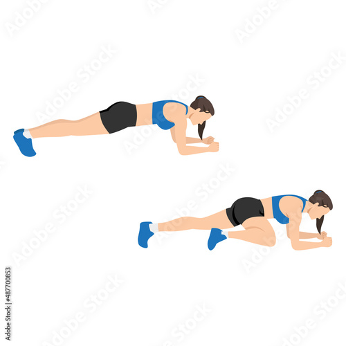 Woman doing Spiderman plank exercise. Flat vector illustration isolated on white background