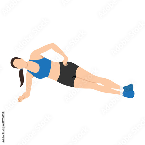 Woman doing Side plank exercise. Flat vector illustration isolated on white background