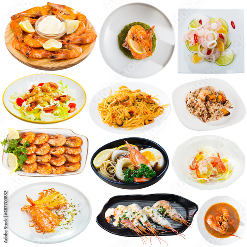 Collage of different dishes cooked with prawns isolated on white background