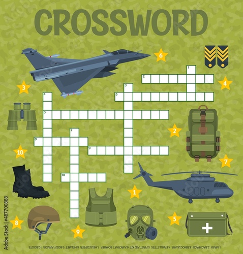 Army military ammunition and weapons crossword grid worksheet. Find a word quiz game, child educational game or riddle, kids playing activity with army jet plane, helicopter and soldier ammunition