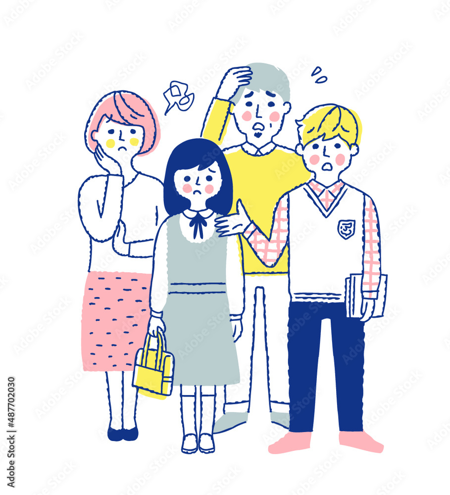 4人家族　困った表情　全身