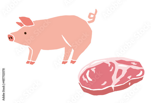 豚と豚肉　レトロなベクターイラスト