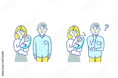 夫婦と赤ちゃん　笑顔と困った表情　上半身