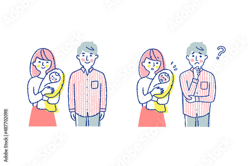 夫婦と赤ちゃん　笑顔と困った表情　上半身