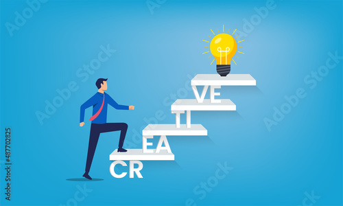 Creative word ladder with businessman climb on it.