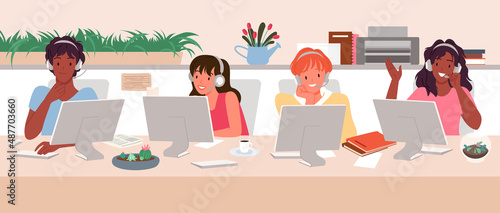 Call center with operators characters vector illustration. Cartoon diverse team of office employees in headphones, professional assistants at work with clients. Customer support service concept