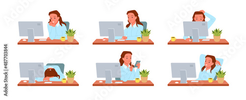 Wide set of female office worker at the desktop computer in diverse working poses. Completion of administrative daily duties, secretary reception, tired and exhausted employee flat vector illustration