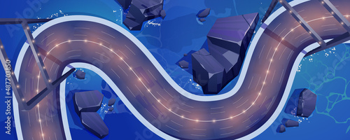 Top view of overpass car road with light markers at night. Vector cartoon illustration of empty winding race track for auto rally competition. Aerial view of highway over water