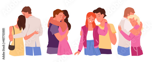 Set of couple lovers hugging warm each other. Romantic relationship moment, showing affection and love to partner, spending adorable happy time together cartoon vector illustration