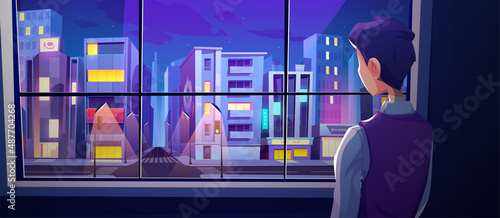 Man stand at window rear view look on night city street crossroad with modern skyscraper buildings and glow lamps. Lonely male character look outside of home on megalopolis Cartoon vector illustration