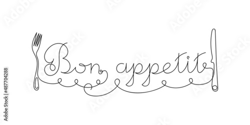 Continuous linear drawing inscription Bon appetit, fork and spoon . Hand drawn single line