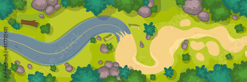 Road top view, curve way building process with asphalted or dirt parts and barriers. Windy trail with green grass and rocks around, landscape with path under construction, Cartoon vector illustration