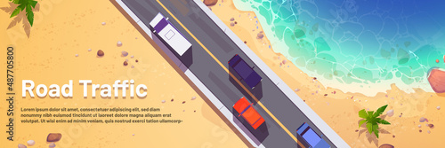 Road traffic cartoon banner with cars top view, straight two lane highway along sea beach with sand and palm trees. Overhead background with vehicles riding at asphalt pathway Vector illustration