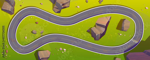 Race track for cars top view, circuit road cartoon background for game, racetrack in outdoor natural location with green grass and rocks, asphalted way loop for formula f1 competition, vector path photo