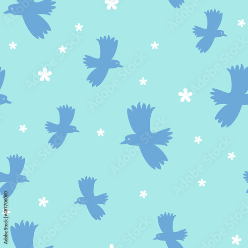 Spring seamless pattern. Vector repeating background with birds and flowers.