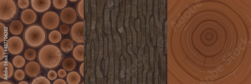 Wooden textures for game, tree bark woodpile cross section with logs and age circles cut cartoon tiles seamless pattern. Natural materials, textured brown design ui elements, Vector illustration set