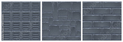 Textures of metal plates, old steel sheets with screws for game background. Vector cartoon seamless patterns of industrial wall surface with iron panels and grates with rivets