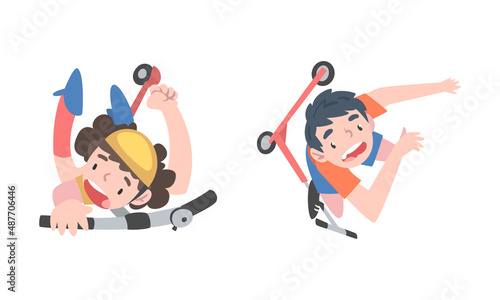 View from above of children falling down from kick scooters cartoon vector illustration