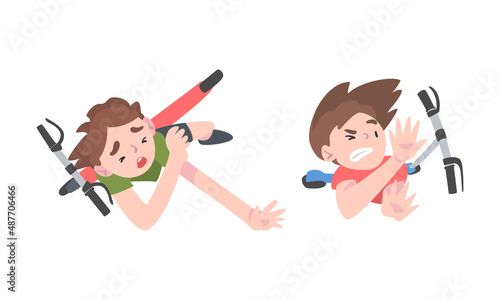 View from above of boys falling down from kick scooters cartoon vector illustration
