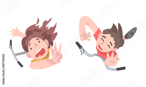 View from above of little boys falling down from kick scooters cartoon vector illustration