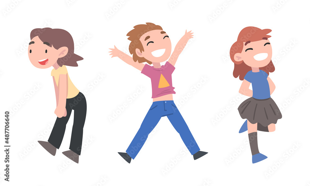 Happy funny boy and girls jumping together set cartoon vector illustration