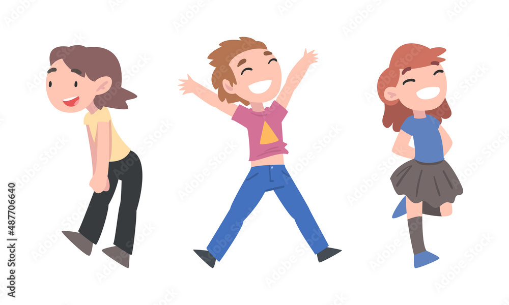 Happy funny boy and girls jumping together set cartoon vector illustration Happy funny boy and girls jumping together set cartoon vector illustration