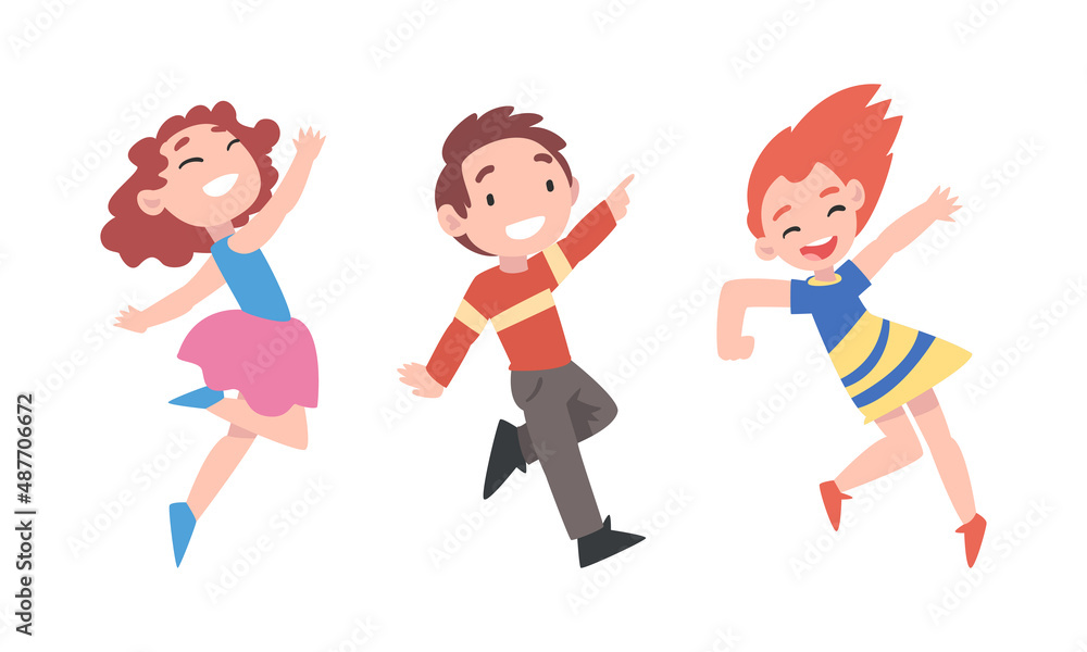 Happy funny boy and girls jumping and having fun set cartoon vector illustration Happy funny boy and girls jumping and having fun set cartoon vector illustration