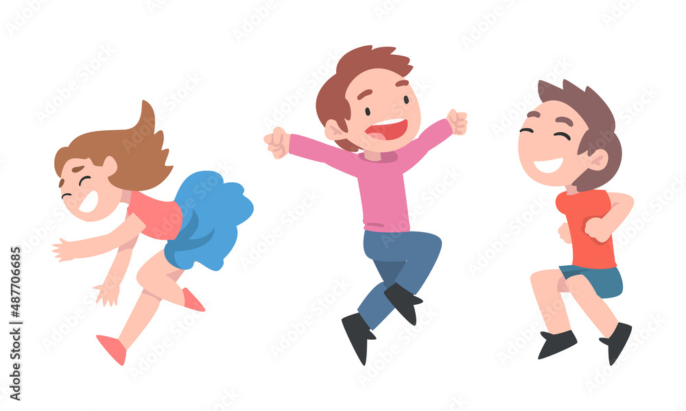 Group of happy funny kids jumping and having fun cartoon vector illustration