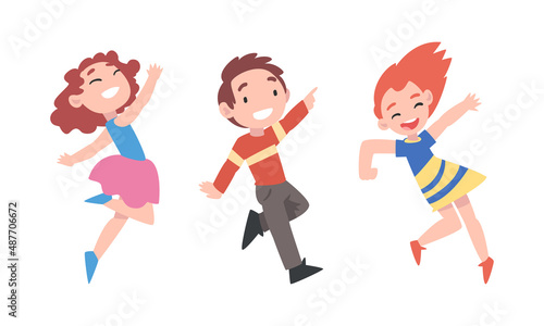 Happy funny boy and girls jumping and having fun set cartoon vector illustration