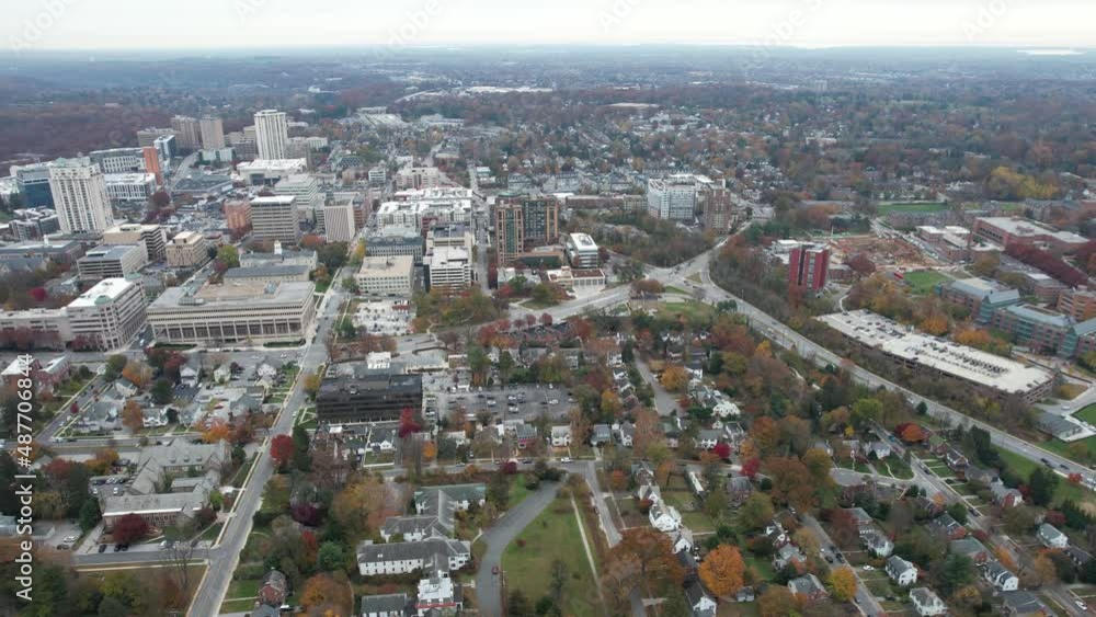 Aerial View of Towson City Downtown and University Campus Buildings, Streets and Skyline on Moody Autumn Day, Drone Shot Aerial View of Towson City Downtown and University Campus Buildings, Streets and Skyline on Moody Autumn Day, Drone Shot