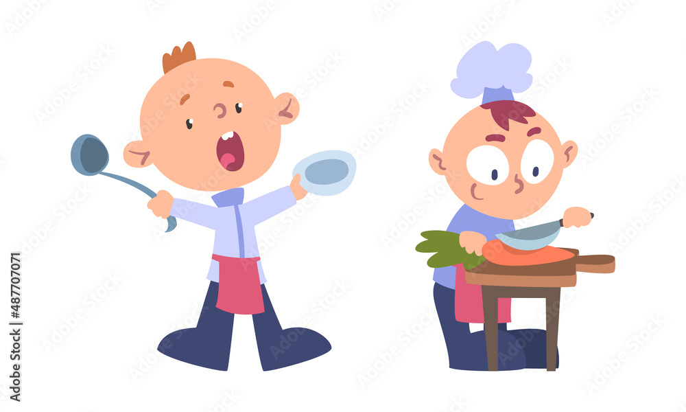 Cute children cooking. Funny little boys in uniform preparing tasty dishes cartoon vector illustration Cute children cooking. Funny little boys in uniform preparing tasty dishes cartoon vector illustration