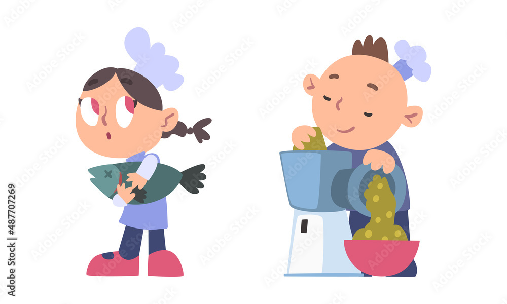 Funny chef kids cooking tasty dishes in the kitchen cartoon vector illustration Funny chef kids cooking tasty dishes in the kitchen cartoon vector illustration