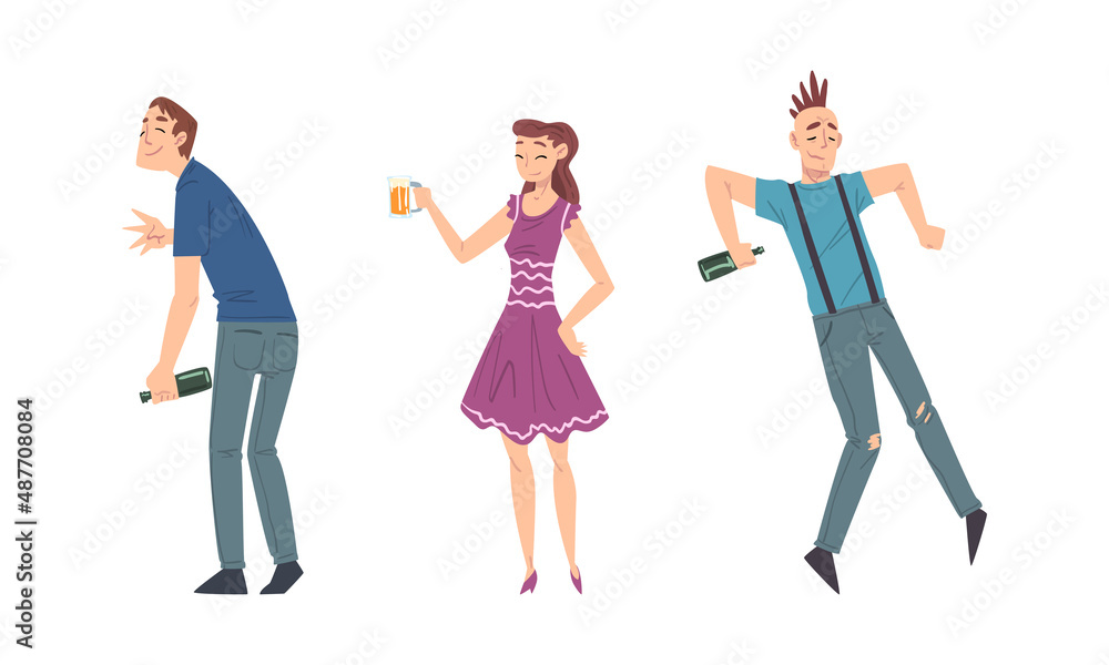 Obraz premium Drunk young people with alcohol drinks set cartoon vector illustration