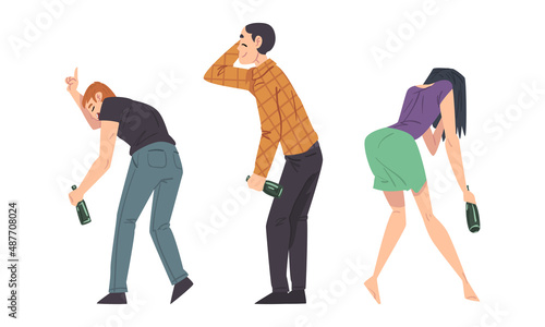 Drunk people set. Male and female person with bottles of alcohol drinks cartoon vector illustration