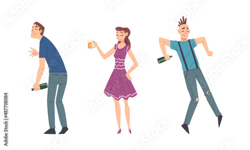 Drunk young people with alcohol drinks set cartoon vector illustration