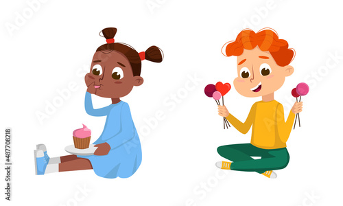 Happy boy and girl eating sweets set. Kids enjoying of eating of cake and lollipop cartoon vector illustration isolated on white background