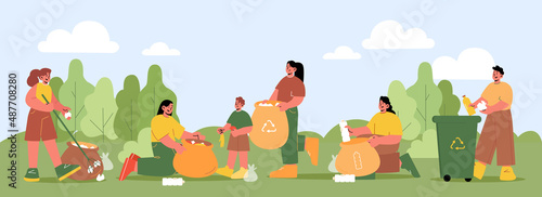 People collect and sorting waste in park. Vector flat illustration of volunteers collecting trash in bags and bin for recycle. Summer landscape with women and men pick plastic and organic rubbish