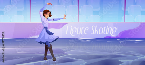 Girl figure skating on ice rink, young woman skater in dress dance, perform show program on indoor sports arena with tribunes. Individual acrobatic dancing, winter sport Cartoon vector illustration