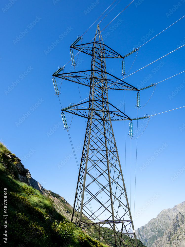 A transmission tower or electricity pylon used to support an high voltage power line. It is part of the network infrastructure intended for the transport of electricity A transmission tower or electricity pylon used to support an high voltage power line. It is part of the network infrastructure intended for the transport of electricity