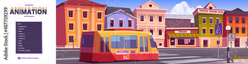Tram riding on retro city street game background with layers ready for animation. Trolley car on vintage cityscape parallax effect with antique buildings. Cartoon vector urban tramway railway commuter