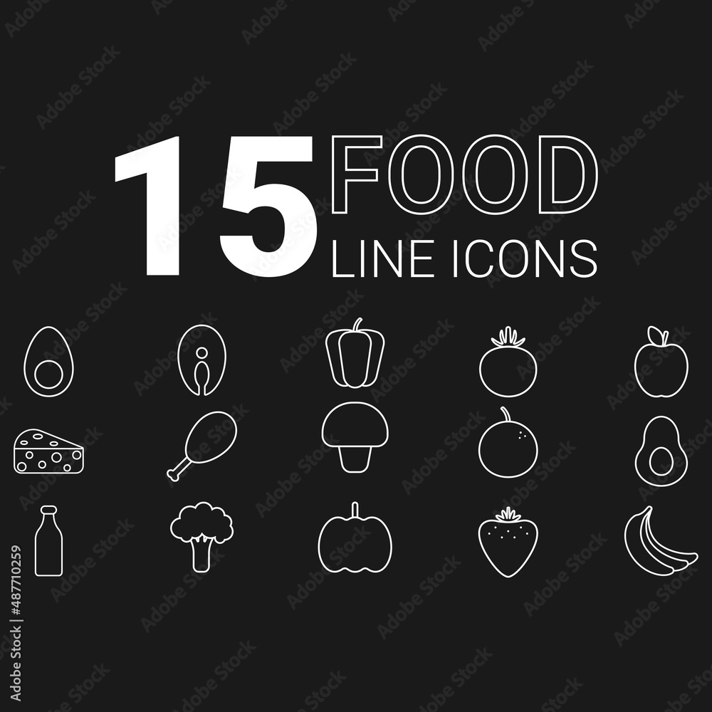 Set of healthy food icons with white outline without color Set of healthy food icons with white outline without color