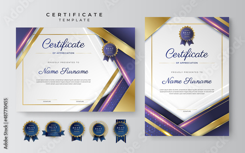 Purple violet and gold certificate of achievement border template with luxury badge and modern line pattern. For award, business, cosmetic, beauty product and education needs