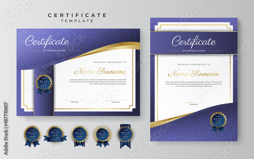 Purple violet and gold certificate of achievement border template with luxury badge and modern line pattern. For award, business, cosmetic, beauty product and education needs