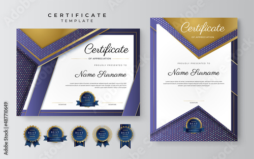 Purple violet and gold certificate of achievement border template with luxury badge and modern line pattern. For award, business, cosmetic, beauty product and education needs