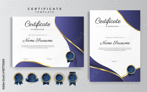 Purple violet and gold certificate of achievement border template with luxury badge and modern line pattern. For award, business, cosmetic, beauty product and education needs