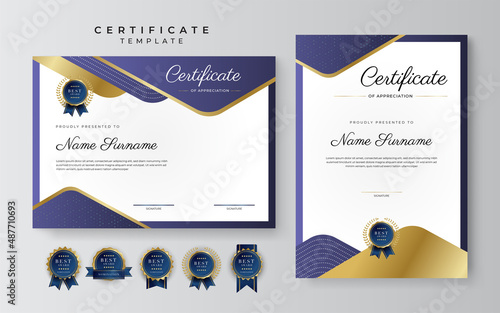 Purple violet and gold certificate of achievement border template with luxury badge and modern line pattern. For award, business, cosmetic, beauty product and education needs