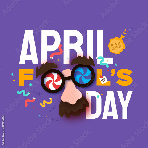 April Fools Day with Funny Glasses. April 1. Kick me message. Fools' Day Poster. Funny spring holiday. Very peri color.