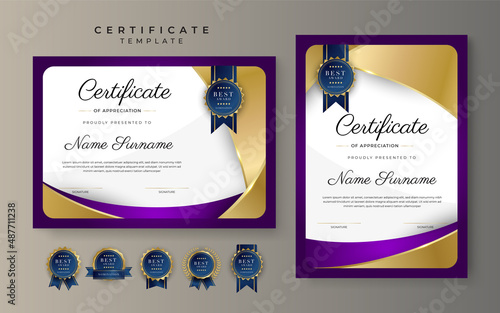 Purple violet and gold certificate of achievement border template with luxury badge and modern line pattern. For award, business, cosmetic, beauty product and education needs