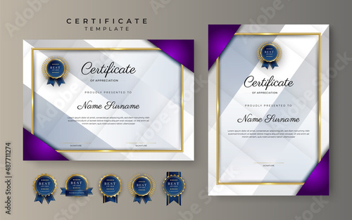 Purple violet and gold certificate of achievement border template with luxury badge and modern line pattern. For award, business, cosmetic, beauty product and education needs
